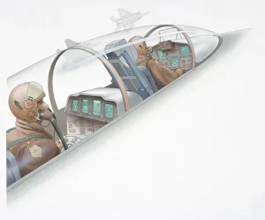 Illustration of inside view of F15 cockpit, navigator sitting behind pilot Illustration of inside view of F15 cockpit, navigator sitting behind pilot
