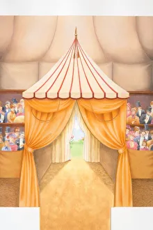 Illustration, interior view of curtained entrance to circus tent, audience sitting on both sides dressed in Victorian Illustration, interior view of curtained entrance to circus tent, audience sitting on both sides dressed in Victorian
