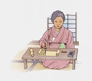 Illustration of Japanese woman writing with ink pen on scroll Illustration of Japanese woman writing with ink pen on scroll