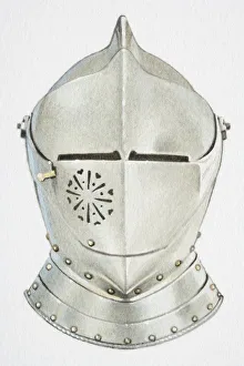 Illustration, knights metal helmet, front view Illustration, knights metal helmet, front view