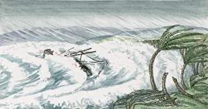 Illustration of large waves covering shipwreck off coastline during hurrucane Illustration of large waves covering shipwreck off coastline during hurrucane