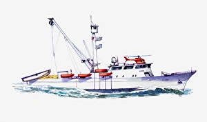 Illustration of lifeboat with radar, aerials, rescue helicopter and several small red lifeboats attached to side Illustration of lifeboat with radar, aerials, rescue helicopter and several small red lifeboats attached to side