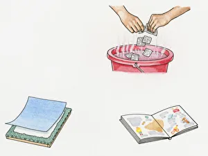 Illustration of making new paper by boiling old paper torn in strips Illustration of making new paper by boiling old paper torn in strips