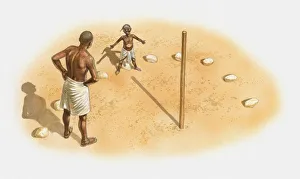 Illustration of man and boy standing at an early sundial, using a stick known as gnomon, Ancient Egypt Illustration of man and boy standing at an early sundial, using a stick known as gnomon, Ancient Egypt