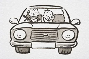 Illustration, man driving car with smiling boy in the back seat, front view Illustration, man driving car with smiling boy in the back seat, front view