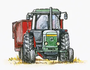 Illustration of man driving tractor pulling a trailer in field Illustration of man driving tractor pulling a trailer in field