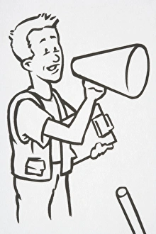 Illustration, man holding clipboard and speaking into loudspeaker, side view Illustration, man holding clipboard and speaking into loudspeaker, side view