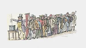 Illustration of man placing voting slip in ballot box at front of long line of voters Illustration of man placing voting slip in ballot box at front of long line of voters