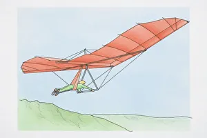 Illustration, man riding red hang glider over green hills, side view Illustration, man riding red hang glider over green hills, side view