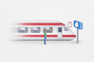 Illustration of man standing on platform next to stationary train Illustration of man standing on platform next to stationary train