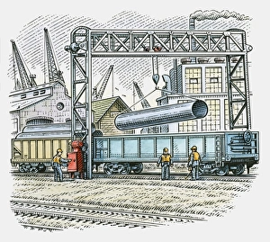 Illustration of man using pulley to lift steel pipe from cargo train Illustration of man using pulley to lift steel pipe from cargo train