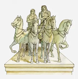 Illustration of marble statue of Mausolus and Artemisia of Caria in horse-drawn chariot Illustration of marble statue of Mausolus and Artemisia of Caria in horse-drawn chariot
