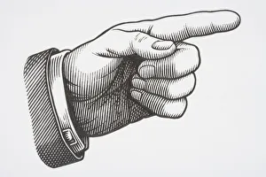 Illustration, mature mans left hand, index finger pointing, other fingers bent inward Illustration, mature mans left hand, index finger pointing, other fingers bent inward