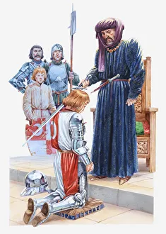 Illustration of a medieval squire being dubbed a knight Illustration of a medieval squire being dubbed a knight