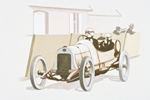 Illustration of two men in old fashioned racecar wearing helmet and goggles, with spectators in background Illustration of two men in old fashioned racecar wearing helmet and goggles, with spectators in background