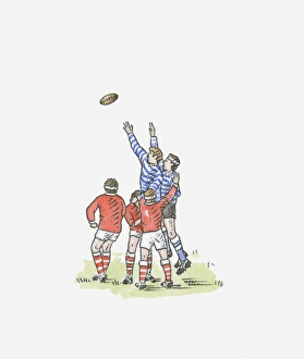 Illustration of men playing rugby jumping in air to catch ball Illustration of men playing rugby jumping in air to catch ball