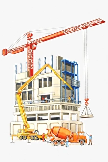 Illustration of men working on construction site using cranes and cements mixers Illustration of men working on construction site using cranes and cements mixers