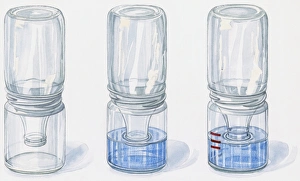 Illustration of three milk bottles turned upside down in glass jars used as barometers to Illustration of three milk bottles turned upside down in glass jars used as barometers to