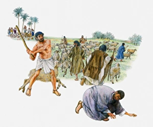Illustration of Moses driving shepherds away from well so Jethros daughters can drink Illustration of Moses driving shepherds away from well so Jethros daughters can drink