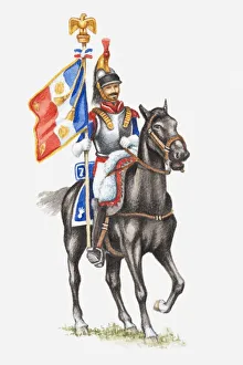 Illustration of Napoleonic Soldier on horseback carrying flag Illustration of Napoleonic Soldier on horseback carrying flag