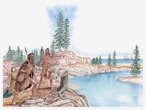 Illustration of Native Americans pointing with young Pocahontas standing behind Illustration of Native Americans pointing with young Pocahontas standing behind