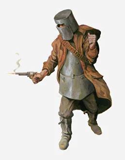 Illustration of Ned Kelly wearing home made armour and shooting handgun Illustration of Ned Kelly wearing home made armour and shooting handgun