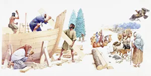 Illustration of Noah and his three sons Shem, Ham, and Japheth constructing the Ark as his wife calls chosen animals Illustration of Noah and his three sons Shem, Ham, and Japheth constructing the Ark as his wife calls chosen animals