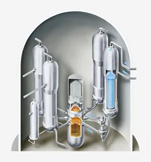 Illustration of nuclear fission reactor showing the water pressuriser, control rod mechanism, core, coolant pump Illustration of nuclear fission reactor showing the water pressuriser, control rod mechanism, core, coolant pump