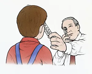 Illustration of optician looking at boys eye through ophthalmoscope Illustration of optician looking at boys eye through ophthalmoscope