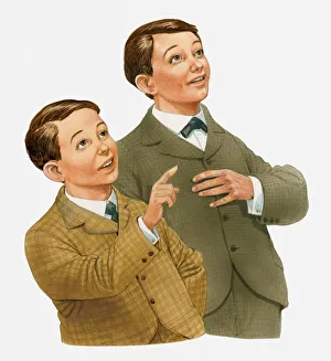 Illustration of Orville and Wilbur Wright looking up and pointing Illustration of Orville and Wilbur Wright looking up and pointing