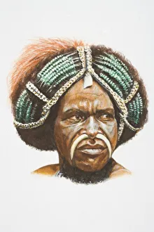 Illustration, Papua New Guinean tribesman wearing headdress, his face decorated with tusks Illustration, Papua New Guinean tribesman wearing headdress, his face decorated with tusks