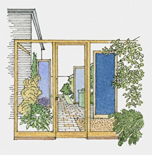 Illustration of paved garden sheltered from wind by timber and glass screens Illustration of paved garden sheltered from wind by timber and glass screens