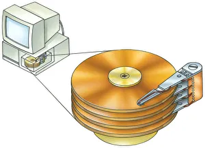 Illustration of PC desktop computer and hard disc drive with cross section showing hard disc in base unit Illustration of PC desktop computer and hard disc drive with cross section showing hard disc in base unit