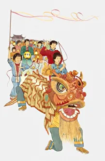 Illustration of people celebrating Chinese New Year with Chinese dragon, lanterns and flags Illustration of people celebrating Chinese New Year with Chinese dragon, lanterns and flags