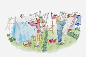 Illustration of people hanging up washing in small sections of garden separated by low hedges Illustration of people hanging up washing in small sections of garden separated by low hedges