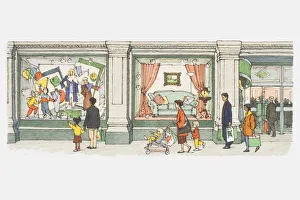 Illustration, people walking past windows of department store, showing furniture and fashion for adults and children Illustration, people walking past windows of department store, showing furniture and fashion for adults and children