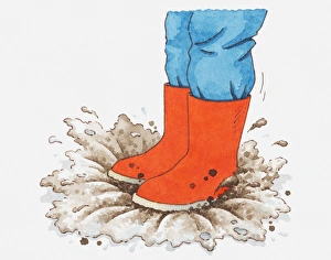 Illustration of person in red wellington boots stepping into puddle of mud Illustration of person in red wellington boots stepping into puddle of mud