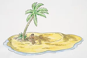 Illustration, person stranded on deserted island with single palm tree Illustration, person stranded on deserted island with single palm tree