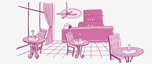 Illustration in pink, cafe or bar with one chair each at three tables, window with pulled back curtain, till on counter Illustration in pink, cafe or bar with one chair each at three tables, window with pulled back curtain, till on counter