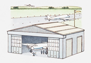 Illustration of plane in hangar and another one on runway Illustration of plane in hangar and another one on runway
