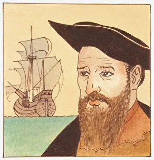 Illustration of portrait of Vasco da Gama with ship in background Illustration of portrait of Vasco da Gama with ship in background