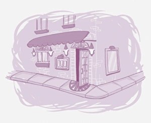 Illustration in purple, view down two sides of house on corner, showing ground floor and first floor Illustration in purple, view down two sides of house on corner, showing ground floor and first floor
