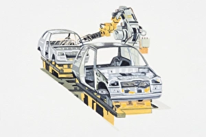Illustration of robots building cars on factory production line Illustration of robots building cars on factory production line