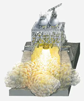 Illustration of rocket launch pad being tested with engines burning Illustration of rocket launch pad being tested with engines burning