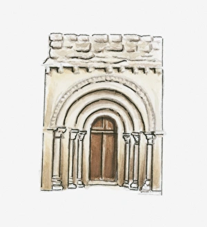 Illustration of Romanesque chapel entrance at Esclottes, Pays du Dropt, Lot-et-Garonne, France Illustration of Romanesque chapel entrance at Esclottes, Pays du Dropt, Lot-et-Garonne, France