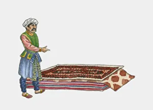 Illustration of Safavid man pointing at stack of Persian carpets Illustration of Safavid man pointing at stack of Persian carpets