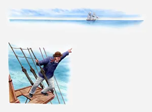 Illustration of sailor on the Ellen Austin leaning out over side of lookout post Illustration of sailor on the Ellen Austin leaning out over side of lookout post
