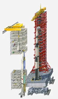 Illustration of Saturn V rocket on launcher platform, vehicle assembly building Illustration of Saturn V rocket on launcher platform, vehicle assembly building