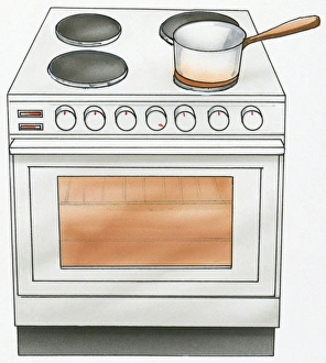 Illustration of saucepan on ceramic hob of European electric cooker with oven Illustration of saucepan on ceramic hob of European electric cooker with oven