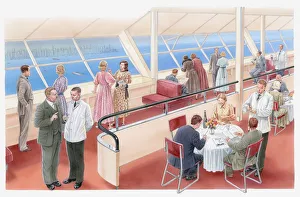 Illustration of a scene inside the Hindenburg airship Illustration of a scene inside the Hindenburg airship
